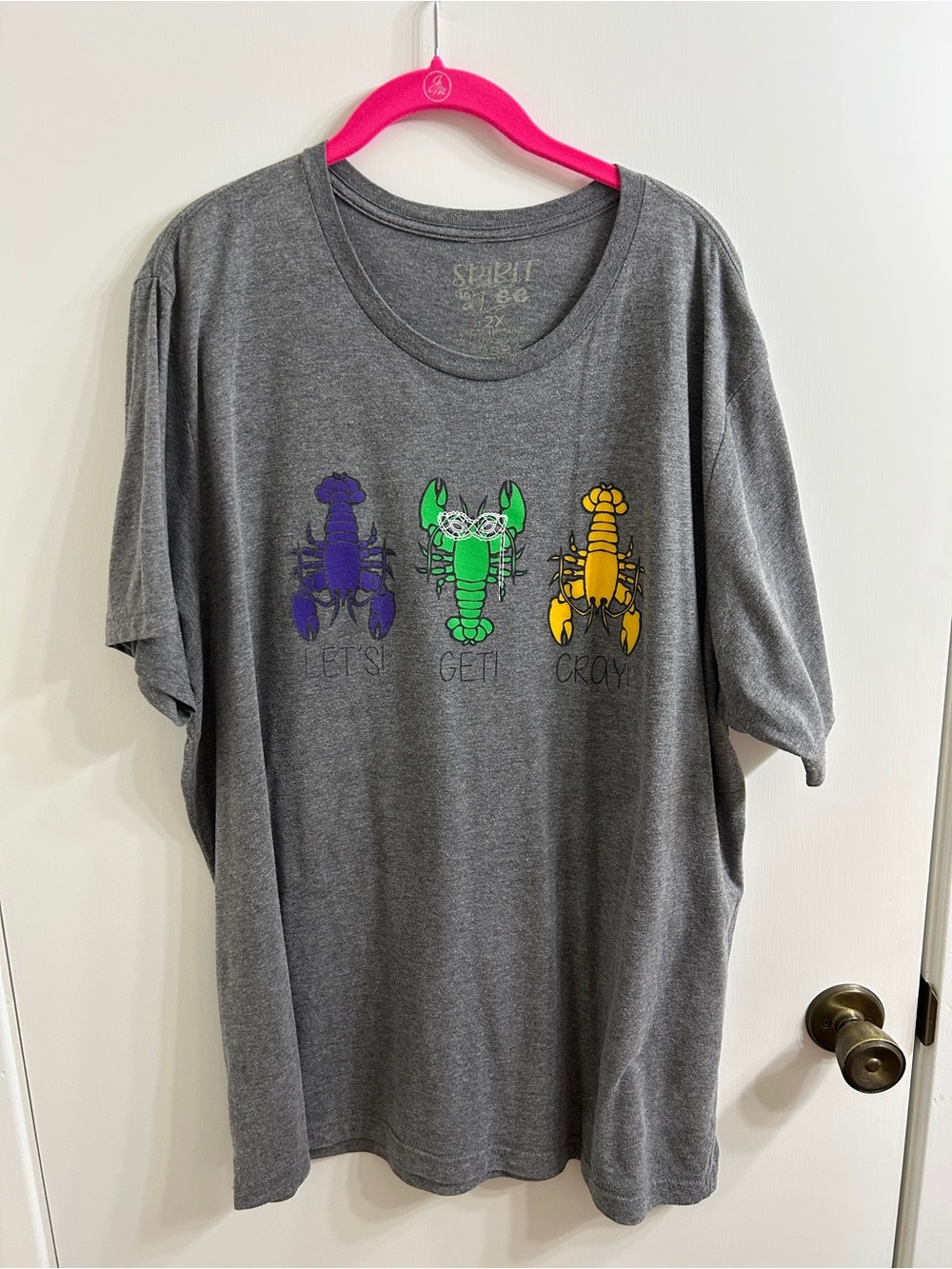 Women’s Gray Graphic Tee with Purple, Green & Yellow Crawfish “Let’s Get Cray”